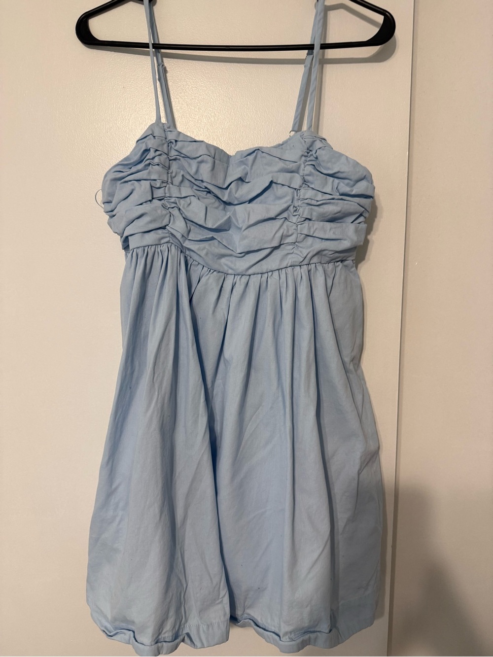 Light Blue Ruched Bodice Spaghetti Strap Casual Dress